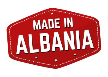 Made in Albania label or sticker on white background, vector illustration