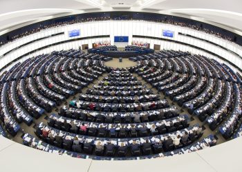 Plenary session week 10 2016 in Strasbourg.  Wide angle view of the plenary chamber. Hemicycle. Fisheye.