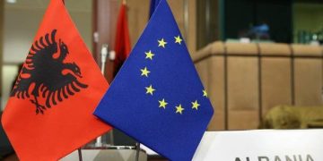 BRUSSELS, BELGIUM - NOVEMBER 15: Albanian National Flag and European Union flag are seen as High Representative of the European Union (EU) for Foreign Affairs and Security Policy and Vice-President of the European Council Federica Mogherini (not seen) and Albanian Foreign Minister Ditmir Bushati (not seen) attend a meeting of EU - Albania Stabilisation and Association Council in Brussels, Belgium on November 15, 2017. (Photo by Dursun Aydemir/Anadolu Agency/Getty Images)