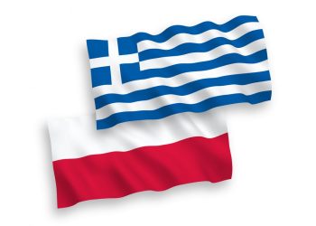 National vector fabric wave flags of Greece and Poland isolated on white background. 1 to 2 proportion.