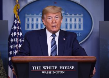 US President Donald Trump speaks during an unscheduled briefing after a Coronavirus Task Force meeting at the White House on April 5, 2020, in Washington, DC. (Photo by Eric BARADAT / AFP) (Photo by ERIC BARADAT/AFP via Getty Images)