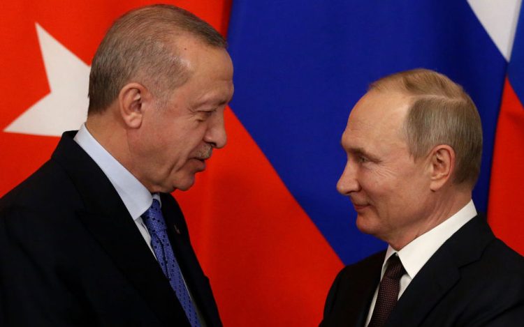 MOSCOW, RUSSIA - MARCH,5 (RUSSIA OUT) Russian President Vladimir Putin (R) greets Turkish President Recep Tayyip Erdogan (L) during thier talks at the Kremlin, in Moscow, Russia,March,5,2020. Erdogan is having a one day visit to Russia to discuss the war conflcit in Syria. (Photo by Mikhail Svetlov/Getty Images)