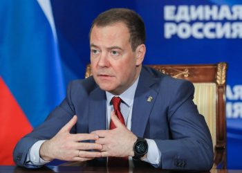 Russian Security Council Deputy Chairman and the head of the United Russia party Dmitry Medvedev chairs a meeting on saving businesses and jobs in foreign companies via video link at Gorki state residence, outside Moscow, Russia, Wednesday, March 16, 2022. (Yekaterina Shtukina, Sputnik, Government Pool Photo via AP)