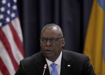 U.S. Secretary of Defense, Lloyd Austin, delivers a speech as he hosts the meeting of the Ukraine Security Consultative Group at Ramstein Air Base in Ramstein, Germany, Tuesday, April 26, 2022. (AP Photo/Michael Probst)