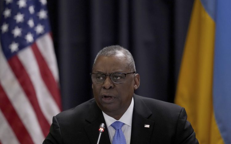 U.S. Secretary of Defense, Lloyd Austin, delivers a speech as he hosts the meeting of the Ukraine Security Consultative Group at Ramstein Air Base in Ramstein, Germany, Tuesday, April 26, 2022. (AP Photo/Michael Probst)