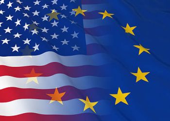 American and European Union Relations Concept - Merged Flags of the USA and the EU 3D Illustration