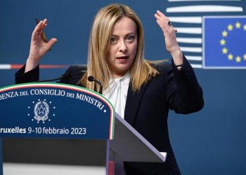 Italy's Prime Minister Giorgia Meloni speaks during a press conference after an extraordinary meeting during a EU Summit at The European Council Building in Brussels on February 10, 2023. (Photo by John THYS / AFP)