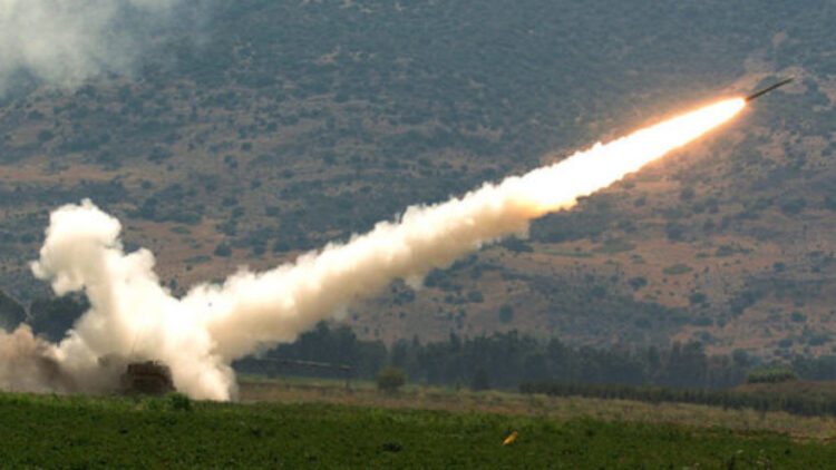 A rocket fired by a Multiple Launch Rocket System (MLRS) is launched against an Hezbollah target in South Lebanon August 12, 2006 from a forward base on the outskirts of the northern Israeli border.
Photo by Haim Azulay /Flash90.