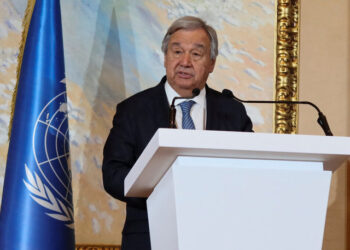 United Nations Secretary General, Antonio Guterres, delivers a press statement to reporters after a meeting of envoys from more than 20 countries on Afghanistan in Doha, Qatar, May 2, 2023. REUTERS/Imad Creidi