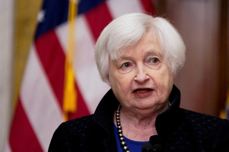 FILE PHOTO: U.S. Treasury Secretary Janet Yellen speaks during a news conference at the Treasury Department in Washington, U.S., April 11, 2023. REUTERS/Elizabeth Frantz/