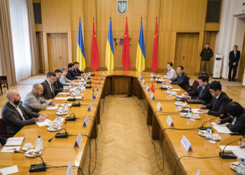 In this photo provided by the Ukrainian Foreign Ministry Press Office, Ukrainian Foreign Minister Dmytro Kuleba, center left, and Li Hui, Chinese envoy, center right, during their talks in Kyiv, Ukraine, Wednesday, May 17, 2023. (Ukrainian Foreign Ministry Press Office via AP)