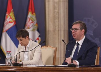 25, June, 2022, Belgrade - The President of the Republic of Serbia, Aleksandar Vucic, addressed the public in the building of the General Secretariat of the President of the Republic.  Ana Brnabic, Aleksandar Vucic. Photo: M. K./ATAImages

25, jun, 2022, Beograd - Predsednik Republike Srbije Aleksandar Vucic obratio se javnosti u zgradi Generalnog  sekretarijata predsednika Republike. Photo: M. K./ATAImages Photo: M.K./ATAImages/PIXSELL/PIXSELL