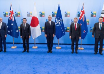 Left to right: Anthony Albanese (Prime Minister of Australia); Fumio Kishida (Prime Minister of Japan); NATO Secretary General Jens Stoltenberg; Christopher Hipkins (Prime Minister of New Zealand); President Suk Yeol Yoon (Republic of Korea)