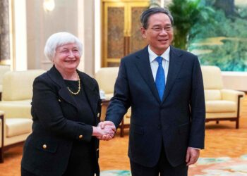 Chinese Premier Li Qiang (R) shakes hands with US Treasury Secretary Janet Yellen during a meeting at the Great Hall of the People in Beijing on July 7, 2023. (Photo by Mark Schiefelbein / POOL / AFP) (Photo by MARK SCHIEFELBEIN/POOL/AFP via Getty Images)