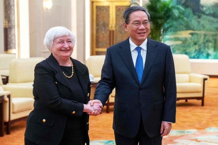 Chinese Premier Li Qiang (R) shakes hands with US Treasury Secretary Janet Yellen during a meeting at the Great Hall of the People in Beijing on July 7, 2023. (Photo by Mark Schiefelbein / POOL / AFP) (Photo by MARK SCHIEFELBEIN/POOL/AFP via Getty Images)