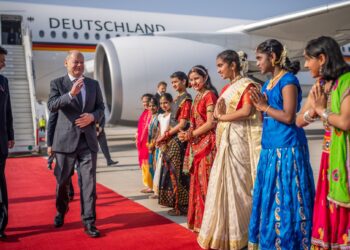 FILED - German Chancellor Olaf Scholz during a visit to India in February 2023. Photo: Michael Kappeler/dpa