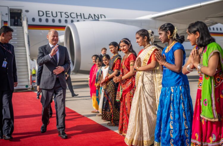 FILED - German Chancellor Olaf Scholz during a visit to India in February 2023. Photo: Michael Kappeler/dpa