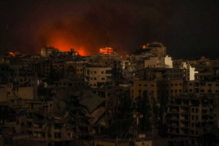 GAZA CITY, GAZA - OCTOBER 30: Flames and smoke rise in Tel al-Hawa neighborhood as Israeli attacks continue on the 24th day in Gaza City, Gaza on October 30, 2023. (Photo by Ali Jadallah/Anadolu via Getty Images)