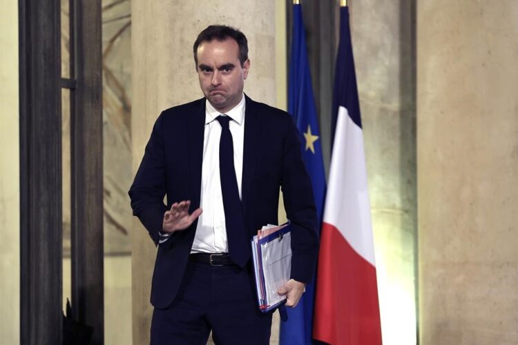 FILE - French Defense Minister Sebastien Lecornu waits at the Elysee Palace Thursday, Jan. 26, 2023 in Paris. Russian forces threatened to shoot down French flights patrolling last month in international airspace over the Black Sea, signals of a "particularly aggressive" posture from Moscow as its invasion of Ukraine struggles to make headway, France's defense minister said Thursday, Feb.22, 2024. (AP Photo/Aurelien Morissard, File)