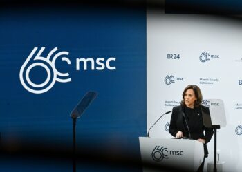 US Vice President Kamala Harris speaks at the Munich Security Conference about the USA's leading role in the world. Photo: Tobias Hase/dpa