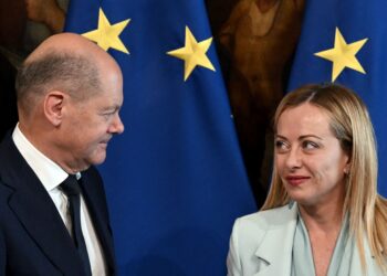 Germany's Chancellor Olaf Scholz (L) speaks with Italy's Prime Minister Giorgia Meloni during a joint press conference following their meeting at Palazzo Chigi in Rome on June 8, 2023. (Photo by Tiziana FABI / AFP) (Photo by TIZIANA FABI/AFP via Getty Images)