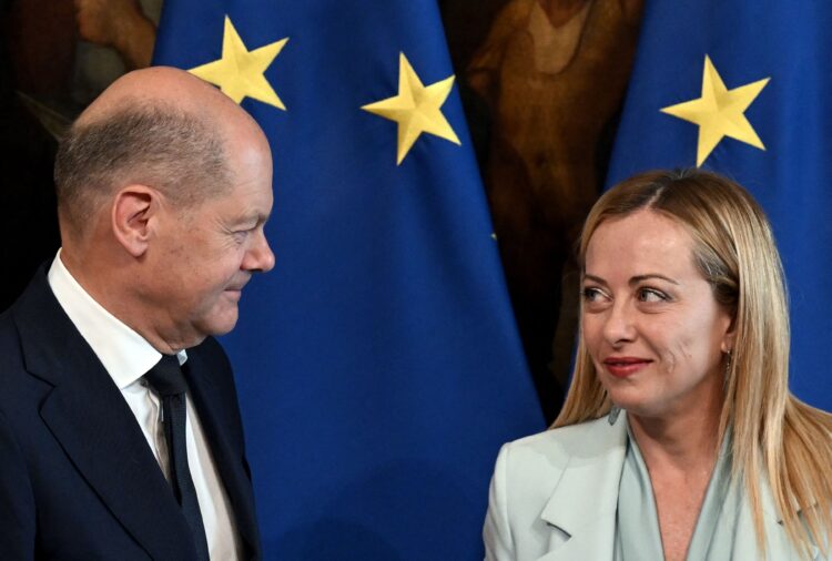 Germany's Chancellor Olaf Scholz (L) speaks with Italy's Prime Minister Giorgia Meloni during a joint press conference following their meeting at Palazzo Chigi in Rome on June 8, 2023. (Photo by Tiziana FABI / AFP) (Photo by TIZIANA FABI/AFP via Getty Images)