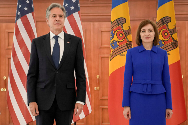 U.S. Secretary of State Antony Blinken poses with Moldova's President Maia Sandu at the Presidential Palace in Chisinau, Moldova, May 29, 2024. Vadim Ghirda/Pool via REUTERS