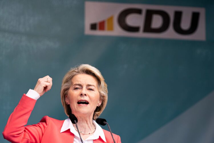 24 May 2024, Lower Saxony, Steinhude: Ursula von der Leyen, President of the European Commission and EPP lead candidate, speaks at the European elections campaign event of the Christian Democratioc Union (CDU) at Steinhuder Meer in the Hanover region. Photo: Michael Matthey/dpa
