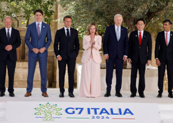 From left, German Chancellor Olaf Scholz, Canadian Prime Minister Justin Trudeau, French President Emmanuel Macron, Italy's Prime Minister Giorgia Meloni, US President Joe Biden, Japanese Prime Minister Fumio Kishida, British Prime Minister Rishi Sunak pose for a family photo at Borgo Egnazia resort during the G7 Summit hosted by Italy in Apulia region, on June 13, 2024 in Savelletri. Leaders of the G7 wealthy nations gather in southern Italy this week against the backdrop of global and political turmoil, with boosting support for Ukraine top of the agenda. (Photo by Ludovic MARIN / AFP) (Photo by LUDOVIC MARIN/AFP via Getty Images)