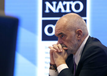 Albania's Prime Minister Edi Rama looks on during a meeting between NATO Secretary General Jens Stoltenberg and Allied leaders from the Western Balkan countries, in Skopje, North Macedonia, on Wednesday, Nov. 22, 2023. (AP Photo/Boris Grdanoski)