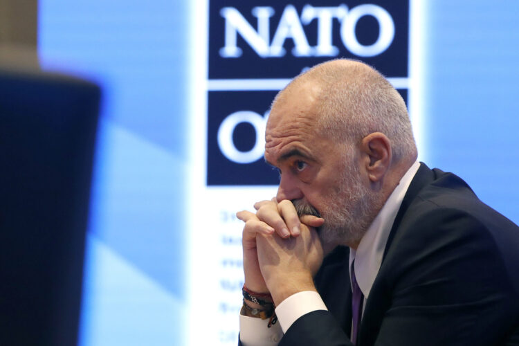 Albania's Prime Minister Edi Rama looks on during a meeting between NATO Secretary General Jens Stoltenberg and Allied leaders from the Western Balkan countries, in Skopje, North Macedonia, on Wednesday, Nov. 22, 2023. (AP Photo/Boris Grdanoski)