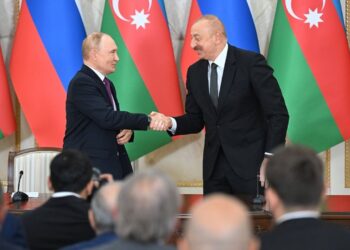 Working trip of Russian President Vladimir Putin to Baku. Russian President Vladimir Putin (left) and Azerbaijani President Ilham Aliyev (right) during Russian-Azerbaijani talks in an expanded format at the Zagulba state residence.
19.08.2024 Azerbaijan, Baku
Photo credit: Dmitry Azarov/Kommersant/Sipa USA/55350859//2408191839