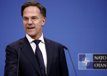 Netherlands' Prime Minister Mark Rutte reacts during a press conference at the NATO headquarters in Brussels, on April 17, 2024. (Photo by KENZO TRIBOUILLARD / AFP)