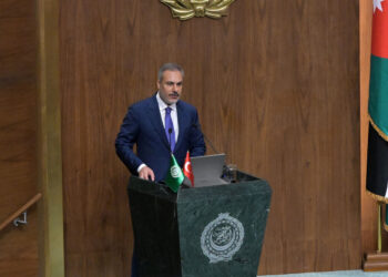 Turkish Foreign Minister Hakan Fidan addresses an Arab League Foreign Ministers meeting at the organisation's headquarters in Cairo on September 10, 2024. (Photo by Khaled DESOUKI / AFP)