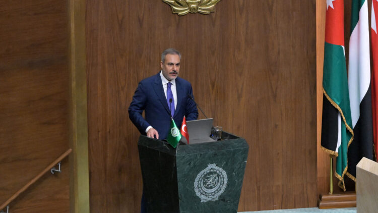 Turkish Foreign Minister Hakan Fidan addresses an Arab League Foreign Ministers meeting at the organisation's headquarters in Cairo on September 10, 2024. (Photo by Khaled DESOUKI / AFP)