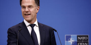 Netherlands' Prime Minister Mark Rutte reacts during a press conference at the NATO headquarters in Brussels, on April 17, 2024. (Photo by KENZO TRIBOUILLARD / AFP)