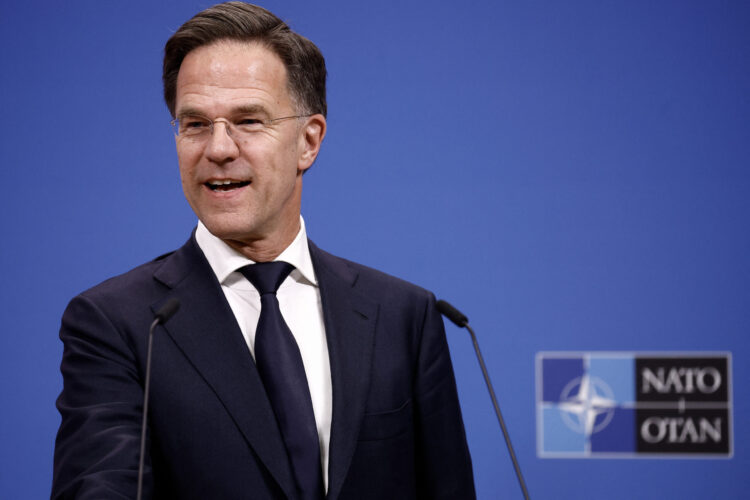 Netherlands' Prime Minister Mark Rutte reacts during a press conference at the NATO headquarters in Brussels, on April 17, 2024. (Photo by KENZO TRIBOUILLARD / AFP)