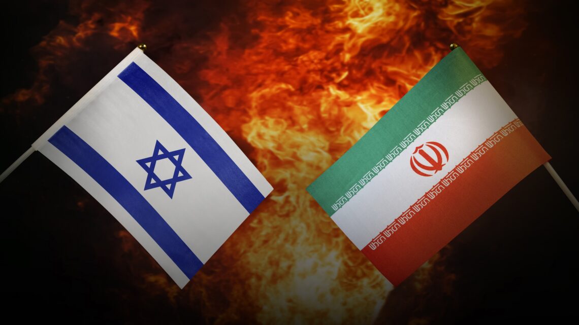 Flags of iran and Israel of america against the background of a fiery explosion. The concept of enmity and war between countries. Tense political relations.