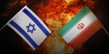 Flags of iran and Israel of america against the background of a fiery explosion. The concept of enmity and war between countries. Tense political relations.