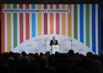 07 October 2024, Hamburg: German Chancellor Olaf Scholz speaks during the opening of the Hamburg Sustainability Conference in the Great Festival Hall at City Hall. Photo: Marcus Brandt/dpa