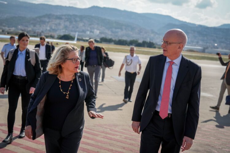 04 November 2024, Lebanon, Beirut: German Minister for Economic Cooperation and Development Svenja Schulze (L) welcomed by German Ambassador-designate Kurt Georg Stoeckl-Stillfried at Rafik Hariri Airport in Beirut. Photo: Kay Nietfeld/dpa