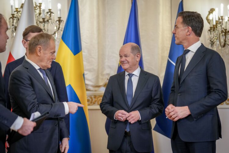 German Chancellor Olaf Scholz (C) stands together with Polish Prime Minister Donald Tusk (L) and Mark Rutte (R), NATO Secretary General, at the NATO Baltic Sea Summit. The topic of the summit is security in the Baltic Sea region and measures to secure the critical underwater infrastructure. Photo: Kay Nietfeld/dpa