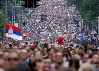 People attend a demonstration "Serbia against violence" organized by Serbia's opposition parties in reaction to the two mass shootings in the same week, in Belgrade, Serbia, June 17, 2023. REUTERS/Marko Djurica