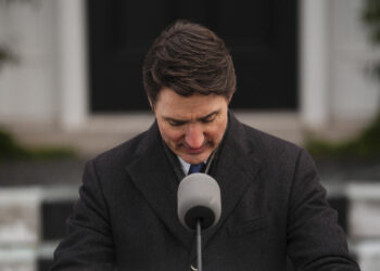 Canada Prime Minister Justin Trudeau announces his resignation as Liberal leader and prime minister outside Rideau Cottage in Ottawa on Monday, Jan. 6, 2025. (Sean Kilpatrick/The Canadian Press via AP)