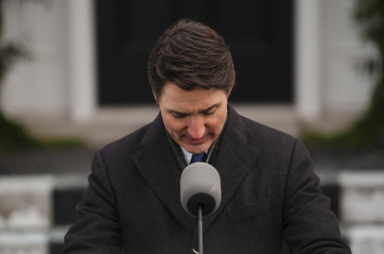 Canada Prime Minister Justin Trudeau announces his resignation as Liberal leader and prime minister outside Rideau Cottage in Ottawa on Monday, Jan. 6, 2025. (Sean Kilpatrick/The Canadian Press via AP)