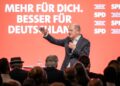 13 January 2025, North Rhine-Westphalia, Bielefeld: Olaf Scholz, German Chancellor and candidate of the Social Democratic Party of Germany (SPD), speaks during an SPD election campaign tour in North Rhine-Westphalia at the Lokschuppen. Photo: Kay Nietfeld/dpa