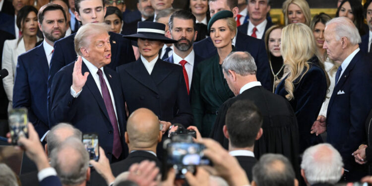 Donald Trump is sworn in as the 47th US President in the US Capitol Rotunda in Washington, DC, on January 20, 2025.     SAUL LOEB/Pool via REUTERS