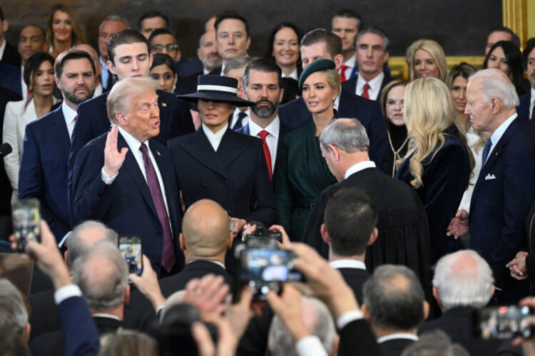 Donald Trump is sworn in as the 47th US President in the US Capitol Rotunda in Washington, DC, on January 20, 2025.     SAUL LOEB/Pool via REUTERS