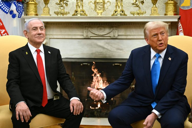 TOPSHOT - US President Donald Trump (R) meets with Israel's Prime Minister Benjamin Netanyahu in the Oval Office of the White House in Washington, DC, on February 4, 2025. (Photo by ANDREW CABALLERO-REYNOLDS / AFP)