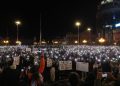 epa11972450 People hold up their phones with the light turned on during a rally for the victims who lost their lives in the Kocani night club fire, in Skopje, North Macedonia, 18 March 2025. The fire at a discotheque in Kocani in the early hours of 16 March 2025 claimed the lives of at least 59 people and left over 100 injured, according to initial reports from the Directorate for Protection and Rescue and the Center for Crisis Management.  EPA-EFE/GEORGI LICOVSKI